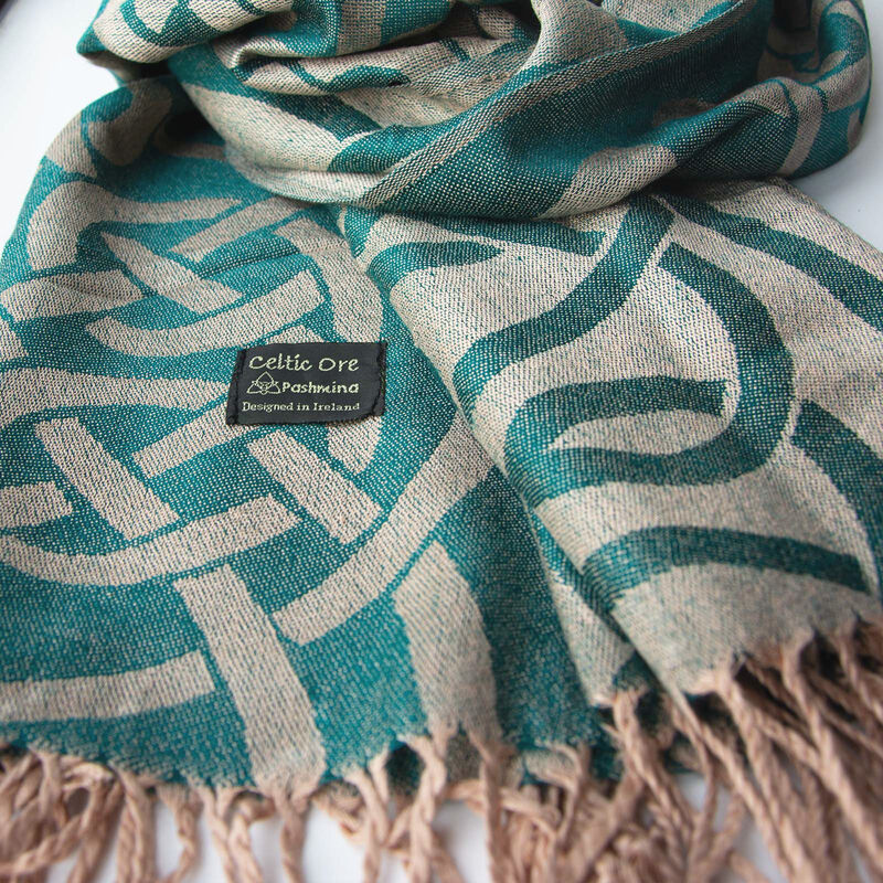 Irish Celtic Traditional Pashmina Scarf With Green Celtic Knot Design